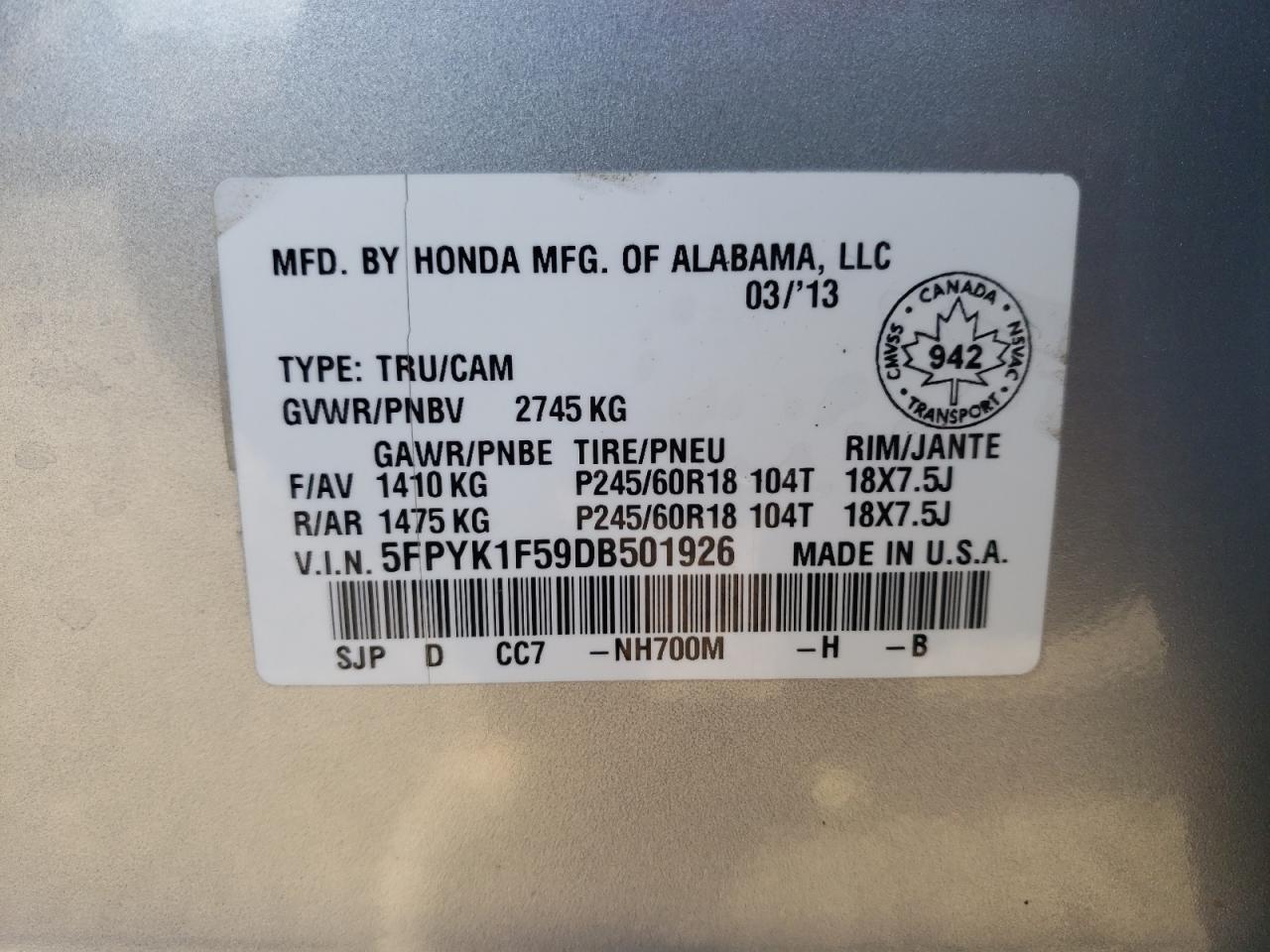 Photo 10 from auction – 2013 HONDA RIDGELINE with VIN 5FPYK1F59DB501926