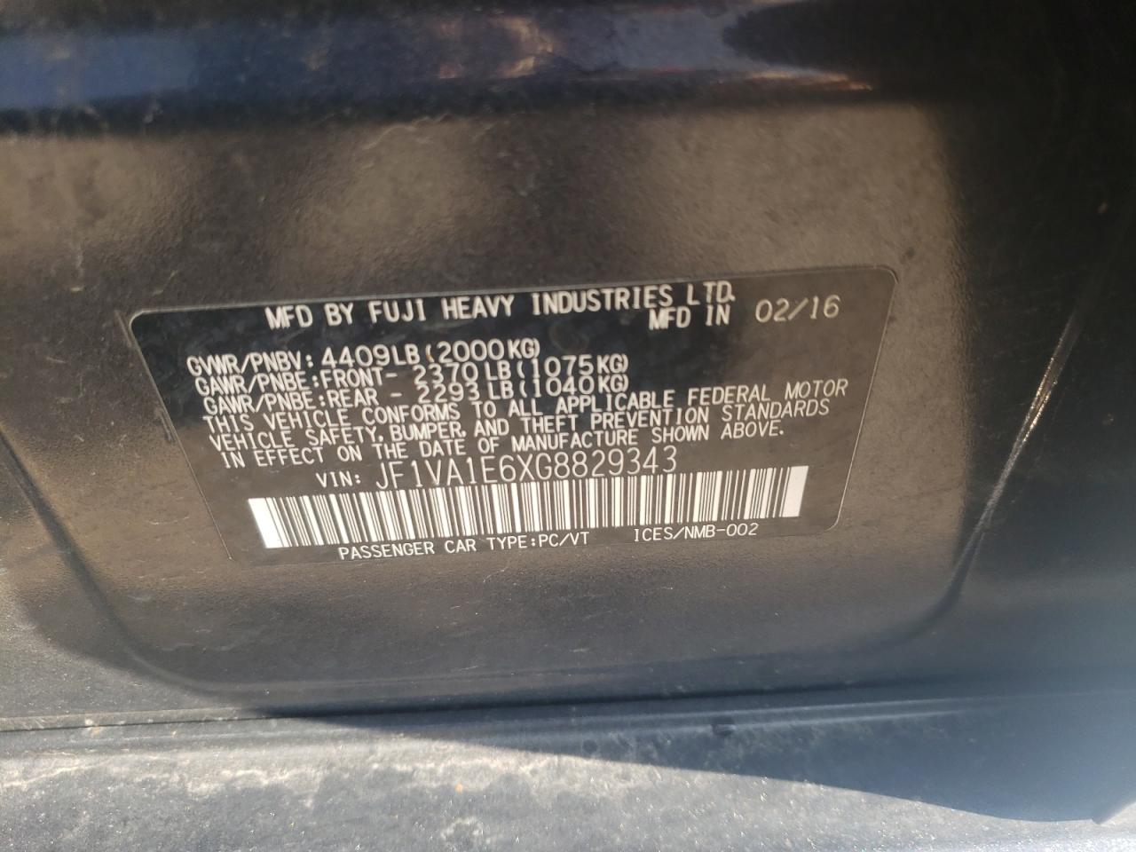 Photo 10 from auction – 2016 SUBARU WRX PREMIU with VIN JF1VA1E6XG8829343