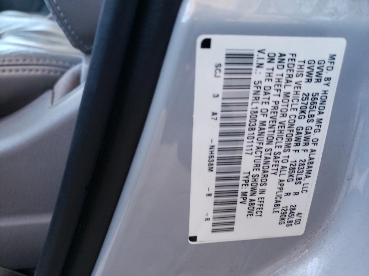 Photo 10 from auction – 2003 HONDA ODYSSEY EX with VIN 5FNRL18003B101117