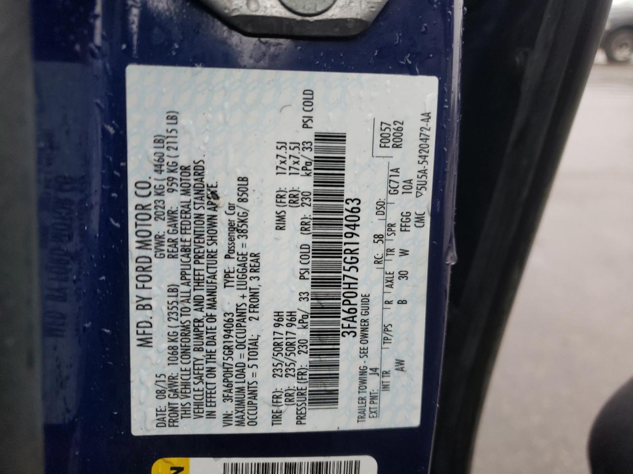 Photo 10 from auction – 2016 FORD FUSION SE with VIN 3FA6P0H75GR194063