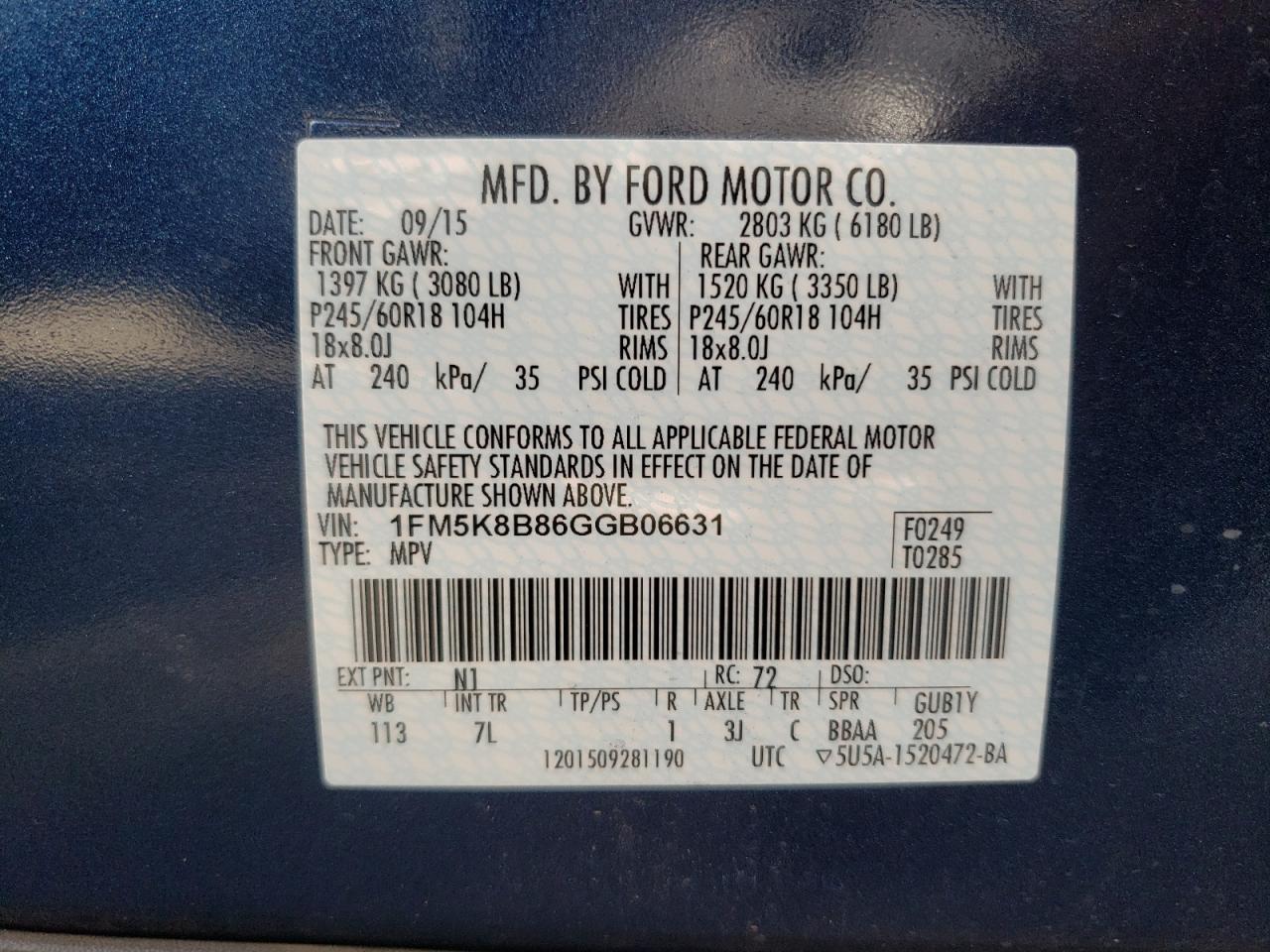 Photo 10 from auction – 2016 FORD EXPLORER with VIN 1FM5K8B86GGB06631