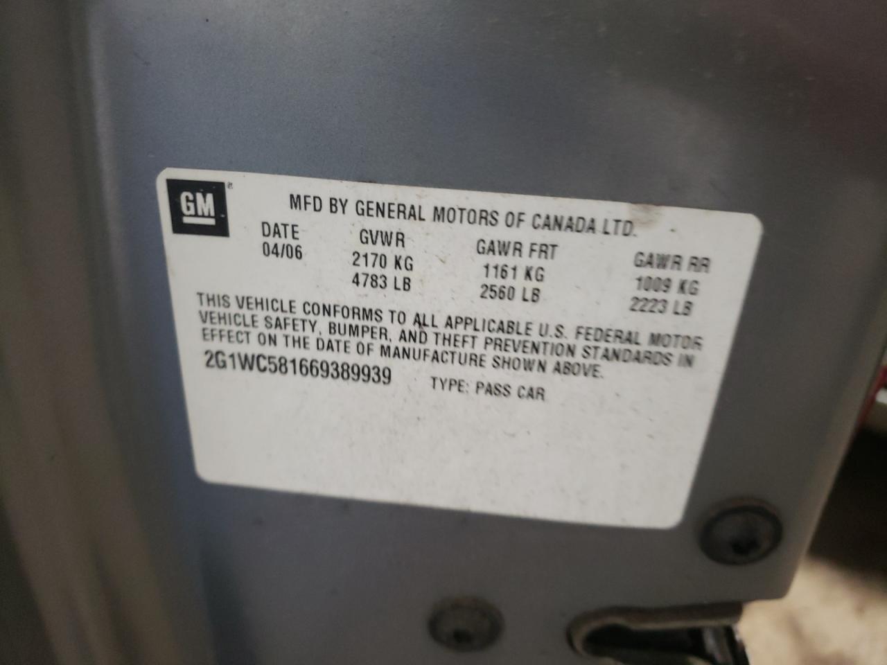 Photo 10 from auction – 2006 CHEVROLET IMPALA LT with VIN 2G1WC581669389939