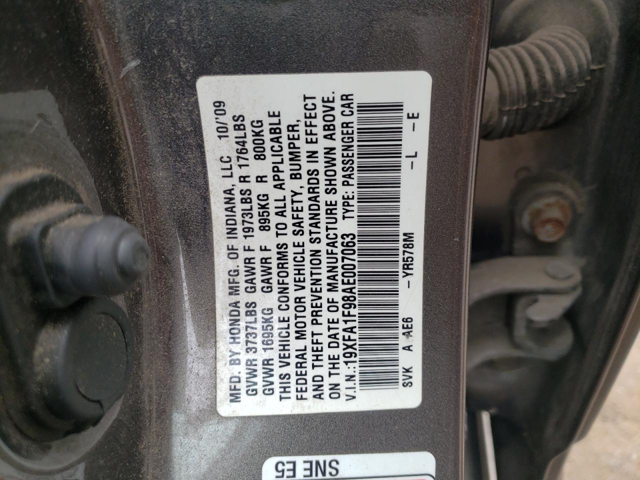 Photo 10 from auction – 2010 HONDA CIVIC EXL with VIN 19XFA1F98AE007063