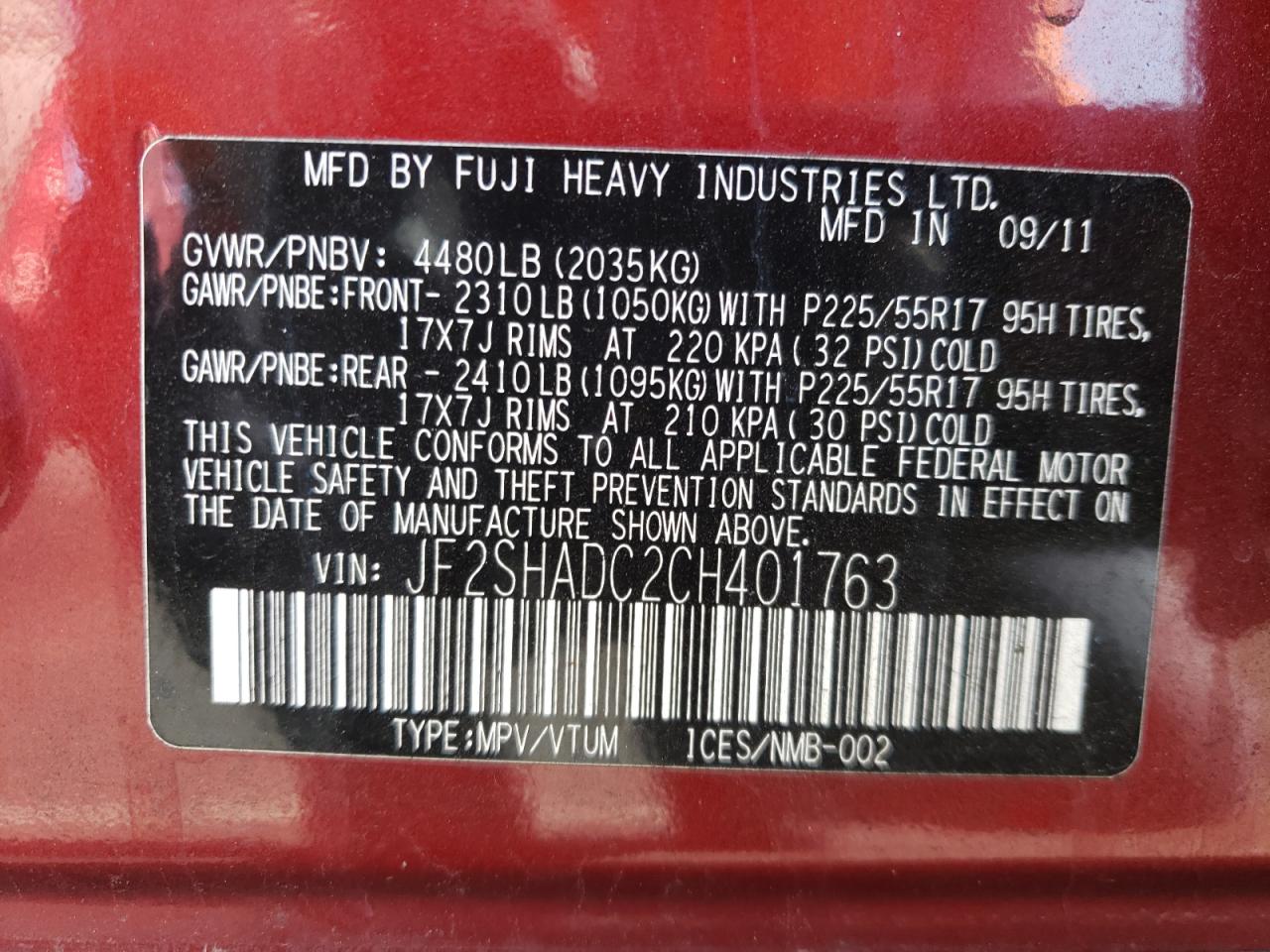 Photo 10 from auction – 2012 SUBARU FORESTER 2 with VIN JF2SHADC2CH401763