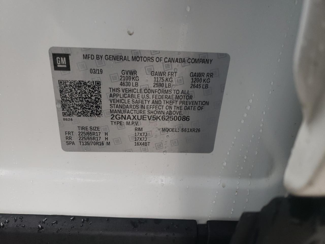 Photo 10 from auction – 2019 CHEVROLET EQUINOX LT with VIN 2GNAXUEV5K6250086