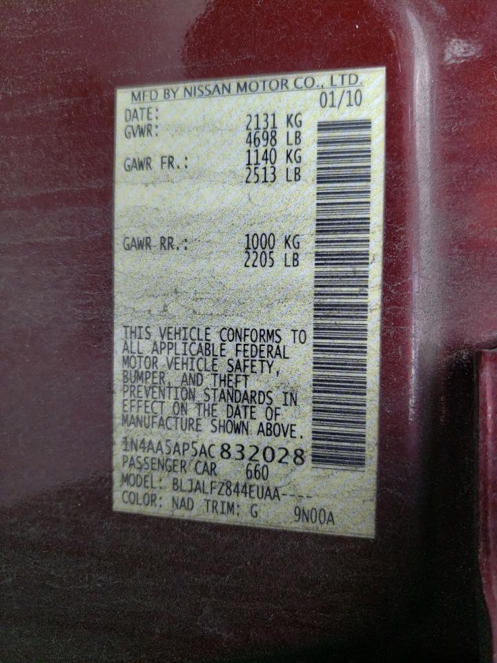 Photo 10 from auction – 2010 NISSAN MAXIMA S with VIN 1N4AA5AP5AC832028