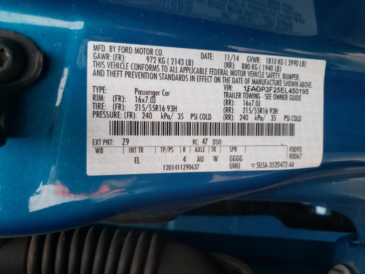 Photo 10 from auction – 2014 FORD FOCUS SE with VIN 1FADP3F25EL450195