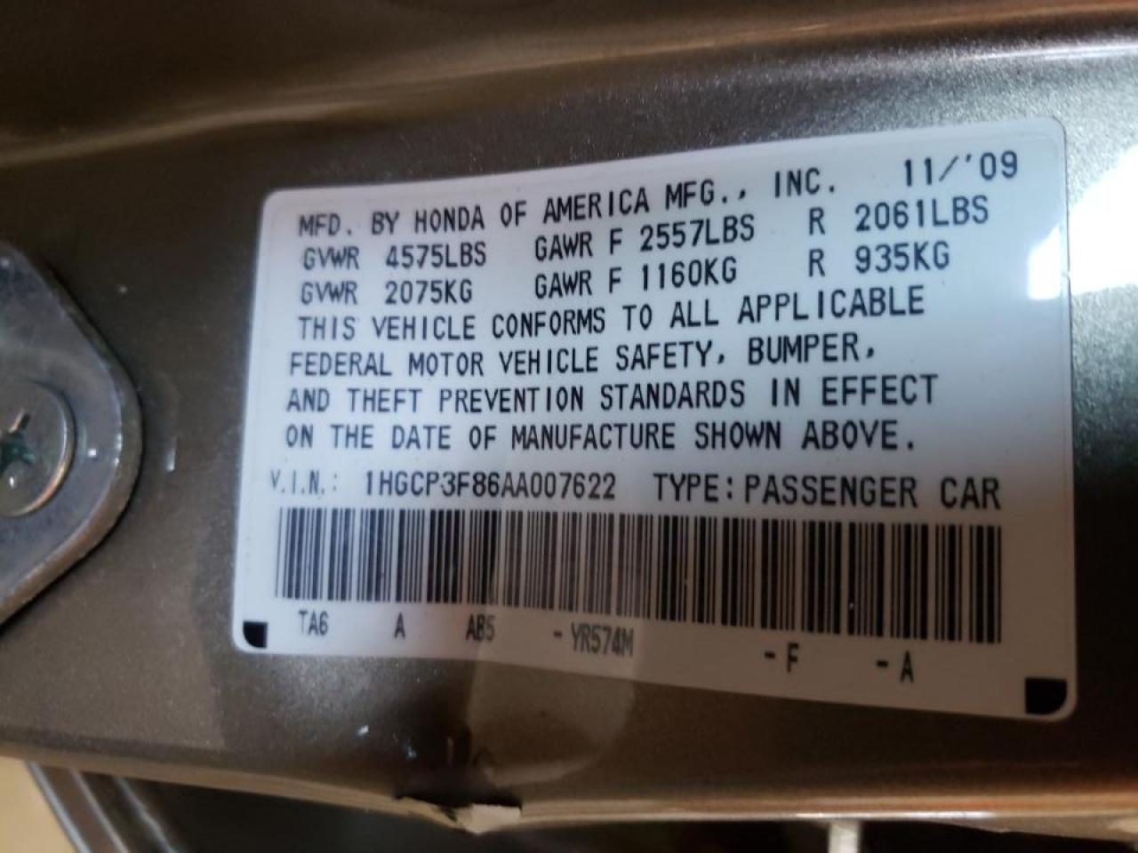 Photo 10 from auction – 2010 HONDA ACCORD EXL with VIN 1HGCP3F86AA007622
