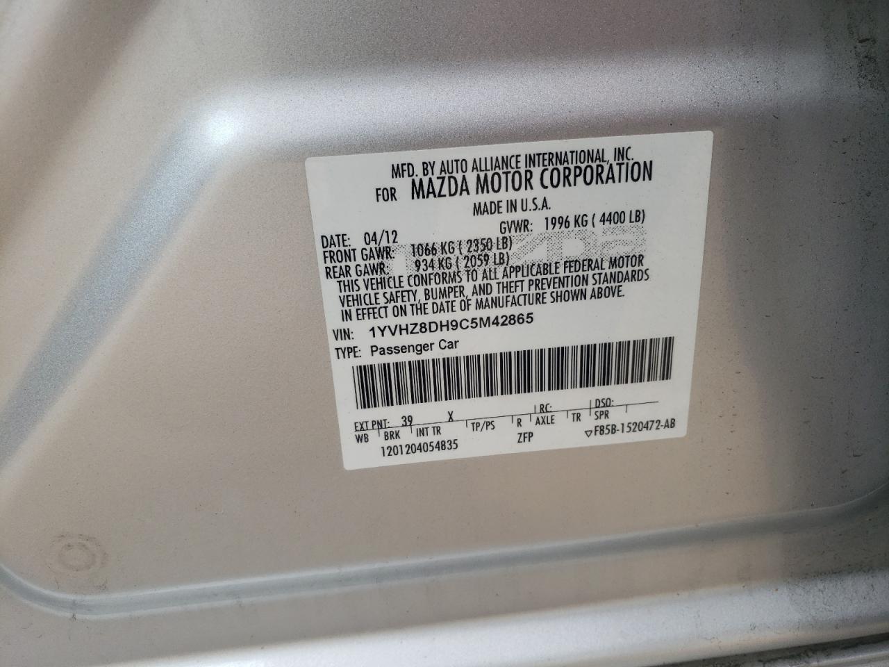 Photo 10 from auction – 2012 MAZDA 6 I with VIN 1YVHZ8DH9C5M42865