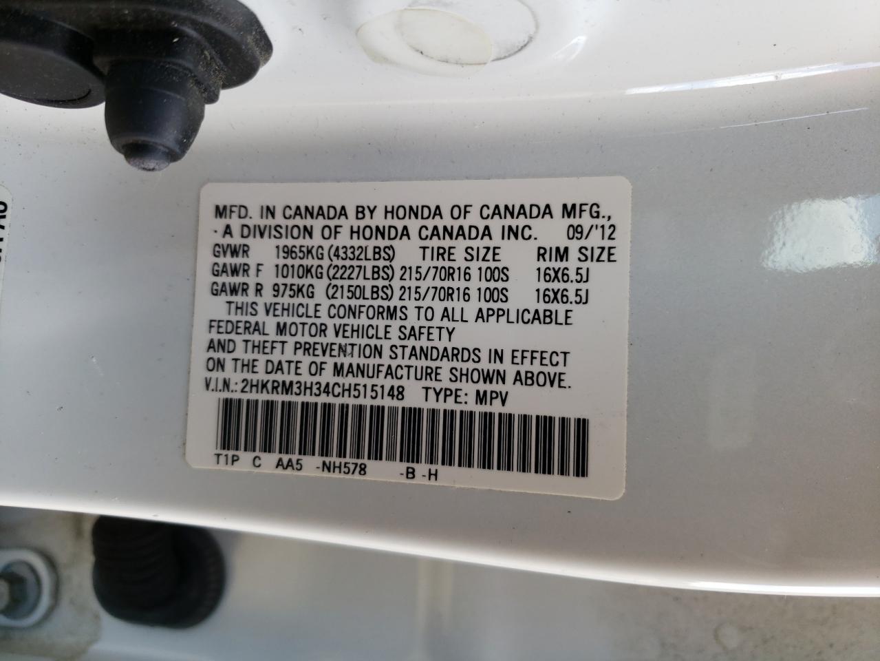 Photo 10 from auction – 2012 HONDA CR-V LX with VIN 2HKRM3H34CH515148