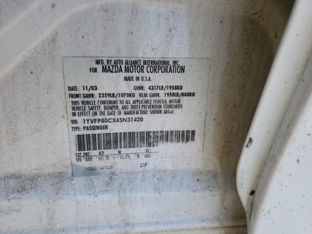 Photo 10 from auction – 2004 MAZDA 6 I with VIN 1YVFP80CX45N31420