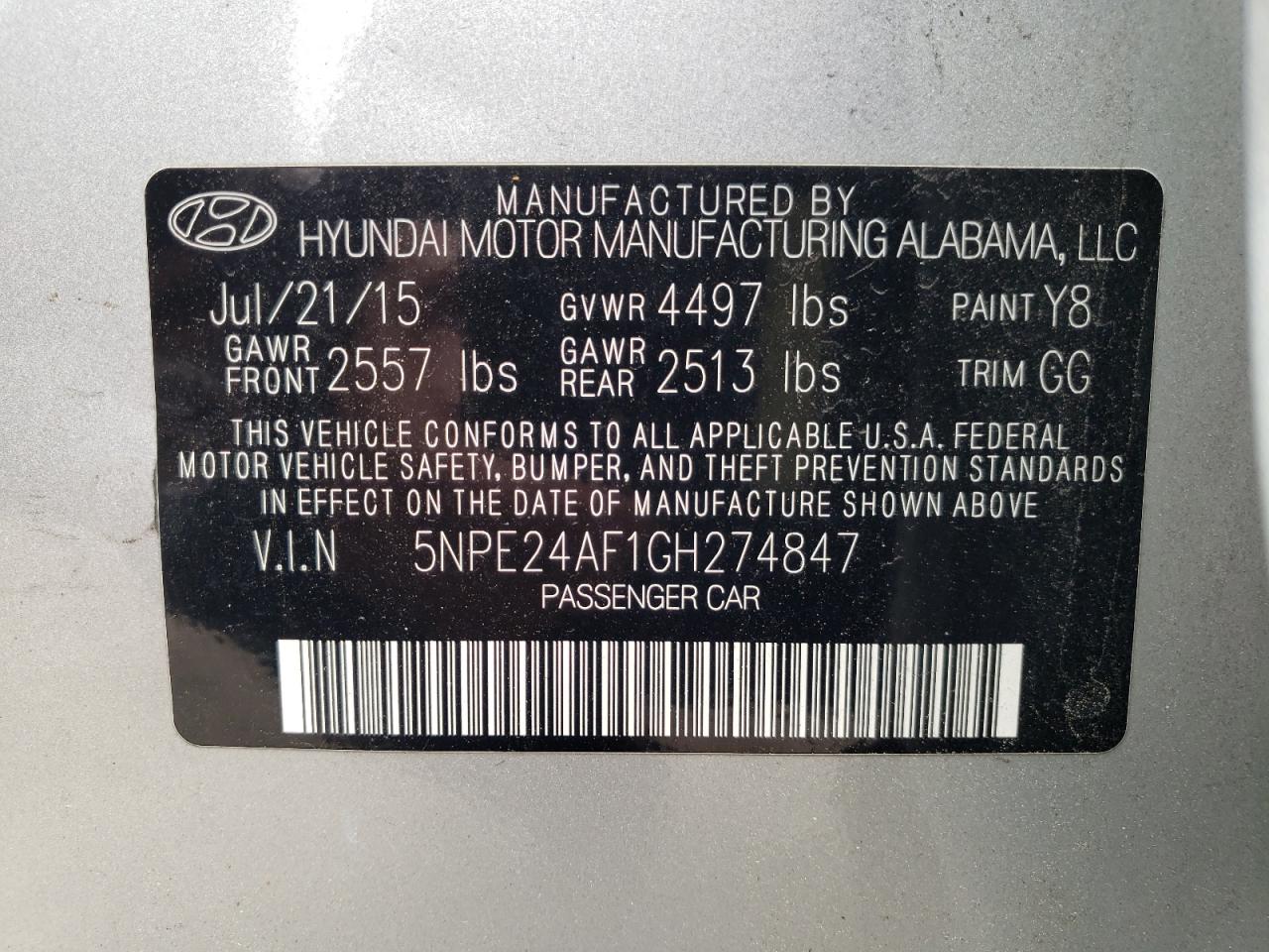 Photo 10 from auction – 2016 HYUNDAI SONATA SE with VIN 5NPE24AF1GH274847