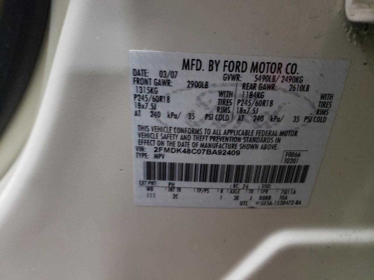 Photo 10 from auction – 2007 FORD EDGE SEL with VIN 2FMDK48C07BA92409