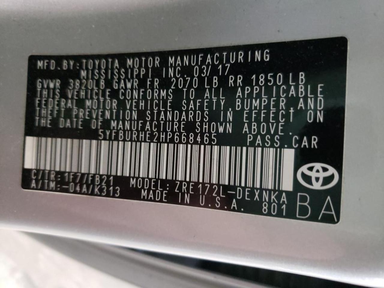 Photo 10 from auction – 2017 TOYOTA COROLLA L with VIN 5YFBURHE2HP668465
