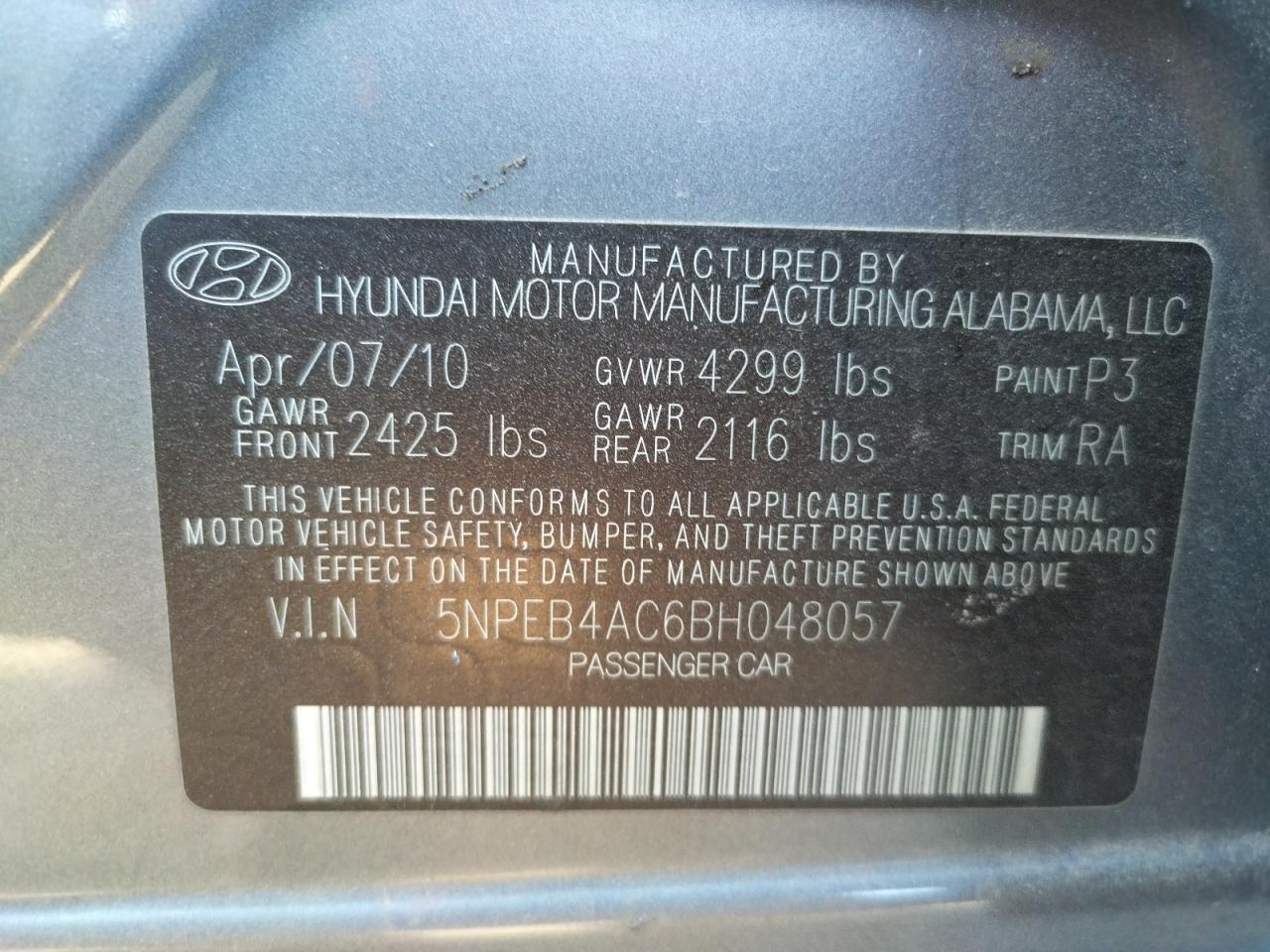 Photo 10 from auction – 2011 HYUNDAI SONATA GLS with VIN 5NPEB4AC6BH048057
