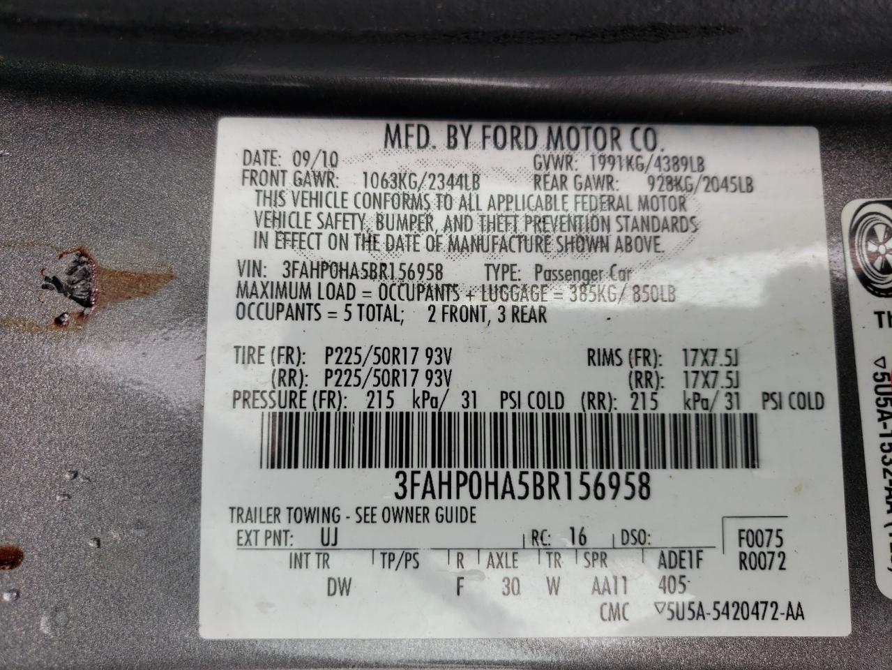 Photo 10 from auction – 2011 FORD FUSION SE with VIN 3FAHP0HA5BR156958