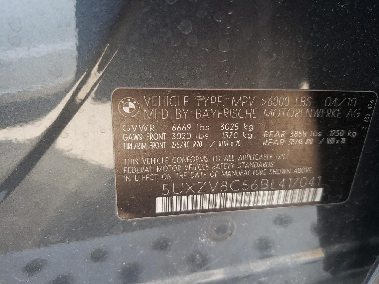 Photo 10 from auction – 2011 BMW X5 XDRIVE5 with VIN 5UXZV8C56BL417041