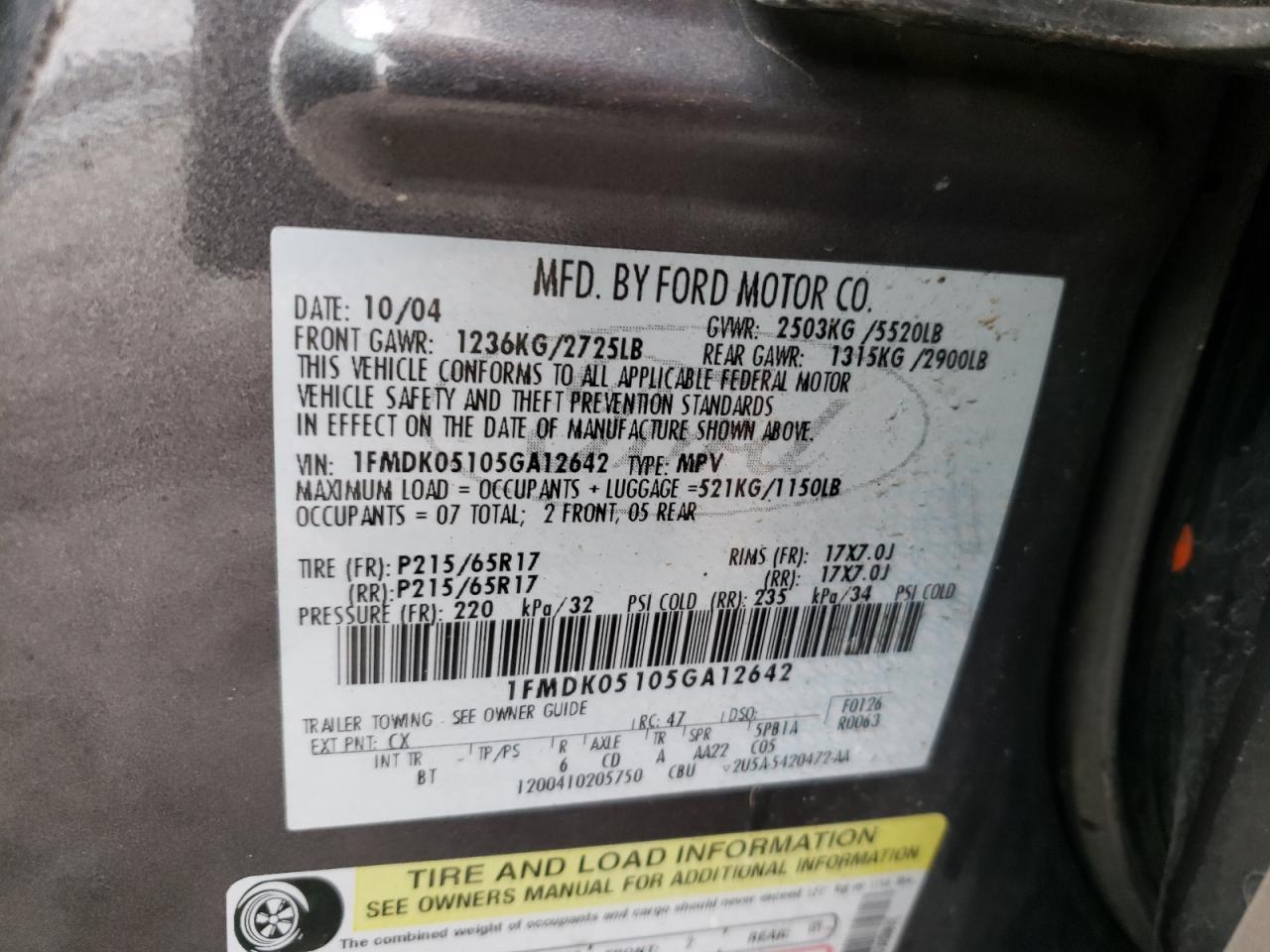 Photo 10 from auction – 2005 FORD FREESTYLE with VIN 1FMDK05105GA12642