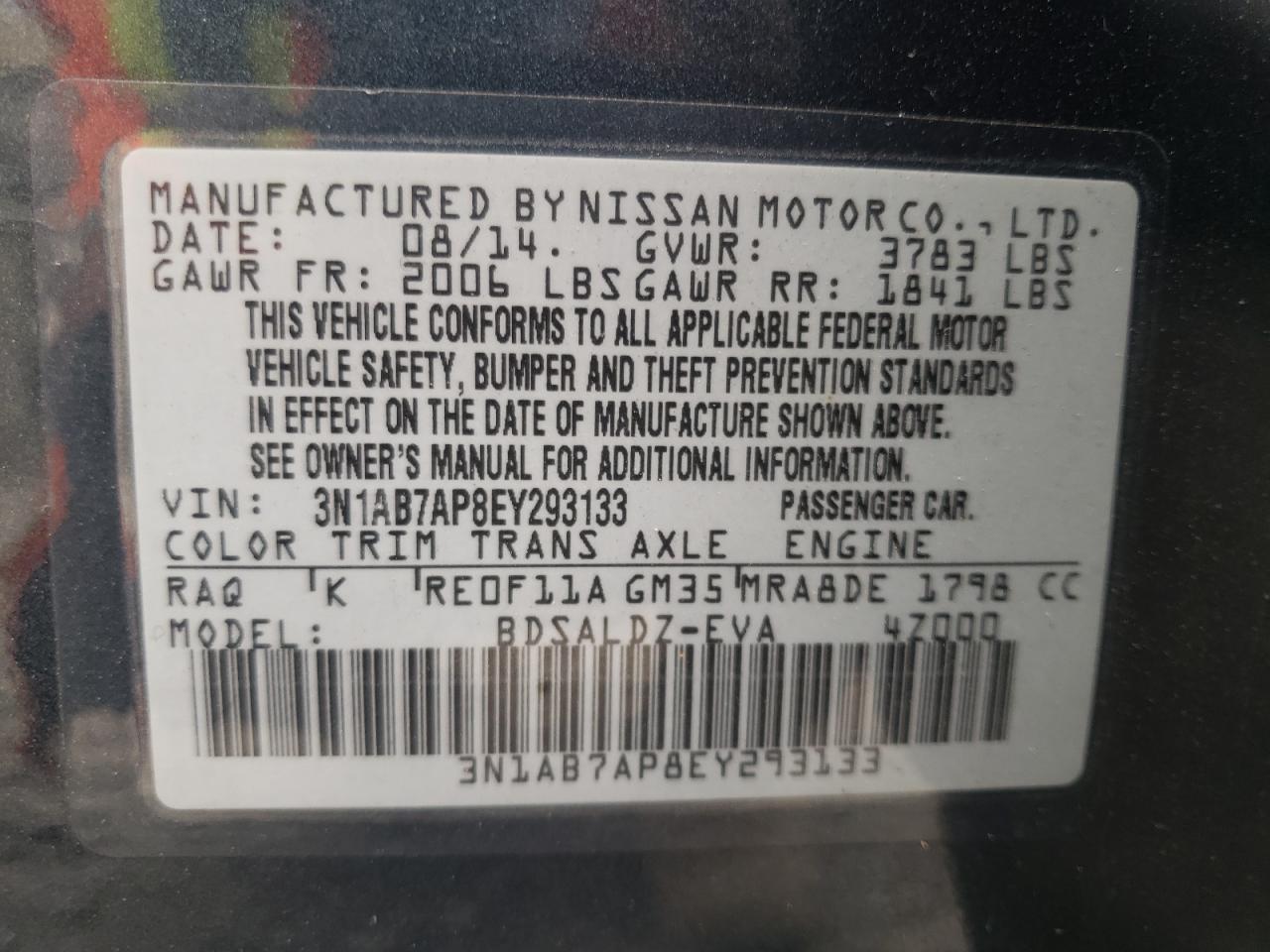 Photo 10 from auction – 2014 NISSAN SENTRA S with VIN 3N1AB7AP8EY293133
