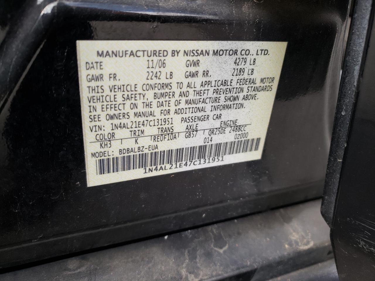 Photo 10 from auction – 2007 NISSAN ALTIMA 2.5 with VIN 1N4AL21E47C131951
