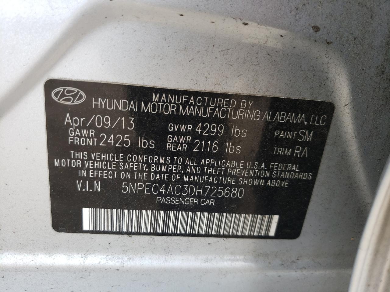 Photo 10 from auction – 2013 HYUNDAI SONATA SE with VIN 5NPEC4AC3DH725680
