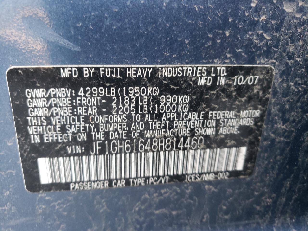 Photo 10 from auction – 2008 SUBARU IMPREZA 2. with VIN JF1GH61648H814460