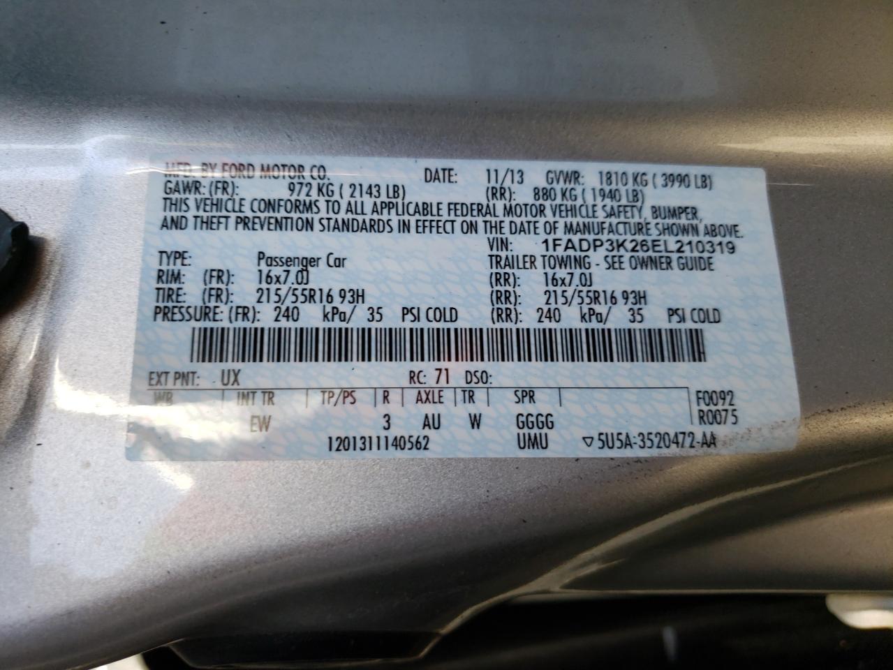 Photo 10 from auction – 2014 FORD FOCUS SE with VIN 1FADP3K26EL210319
