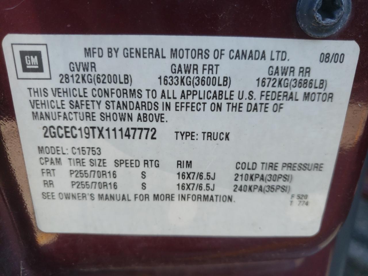 Photo 10 from auction – 2001 CHEVROLET SILVERADO with VIN 2GCEC19TX11147772