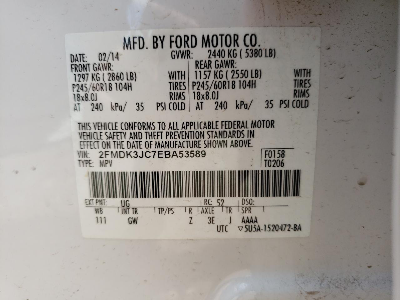 Photo 10 from auction – 2014 FORD EDGE SEL with VIN 2FMDK3JC7EBA53589