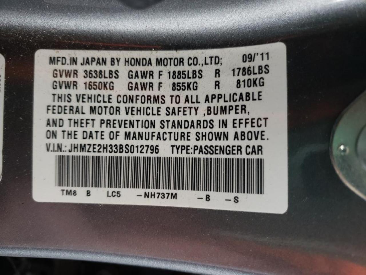 Photo 10 from auction – 2011 HONDA INSIGHT with VIN JHMZE2H33BS012796
