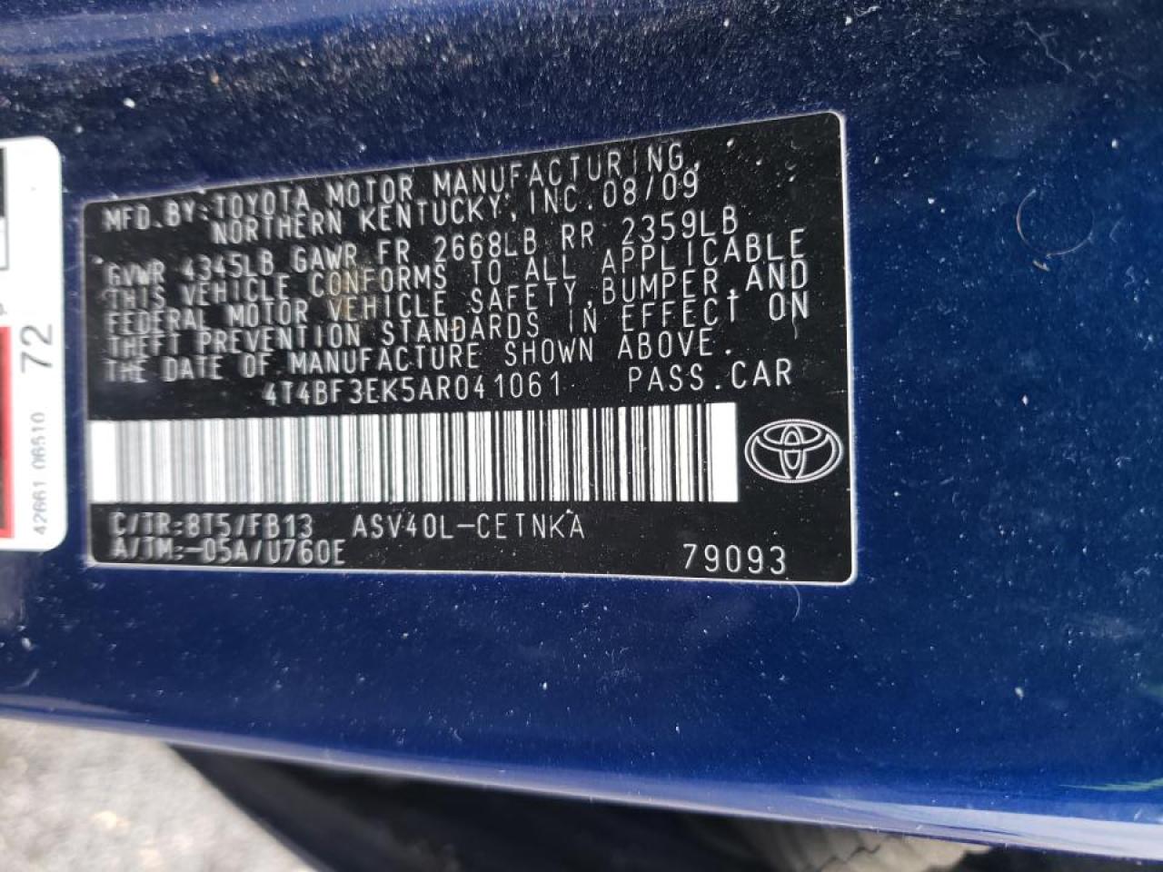 Photo 10 from auction – 2010 TOYOTA CAMRY BASE with VIN 4T4BF3EK5AR041061
