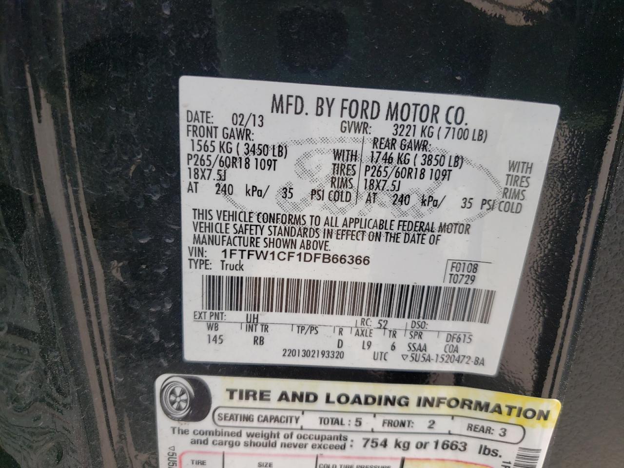 Photo 10 from auction – 2013 FORD F150 SUPER with VIN 1FTFW1CF1DFB66366