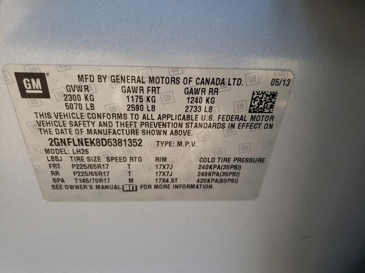 Photo 10 from auction – 2013 CHEVROLET EQUINOX LT with VIN 2GNFLNEK8D6381352