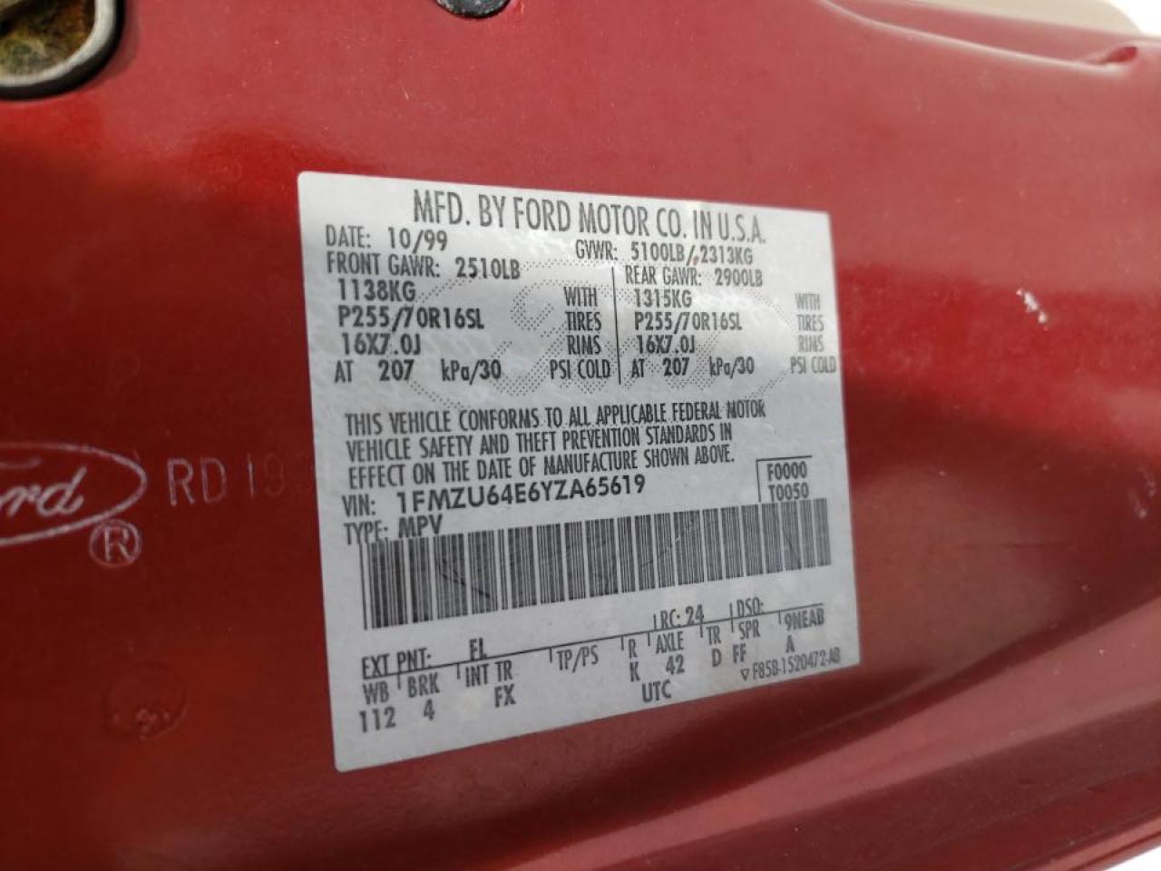 Photo 10 from auction – 2000 FORD EXPLORER E with VIN 1FMZU64E6YZA65619