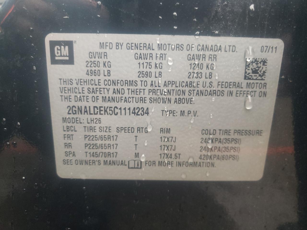 Photo 10 from auction – 2012 CHEVROLET EQUINOX LT with VIN 2GNALDEK5C1114234