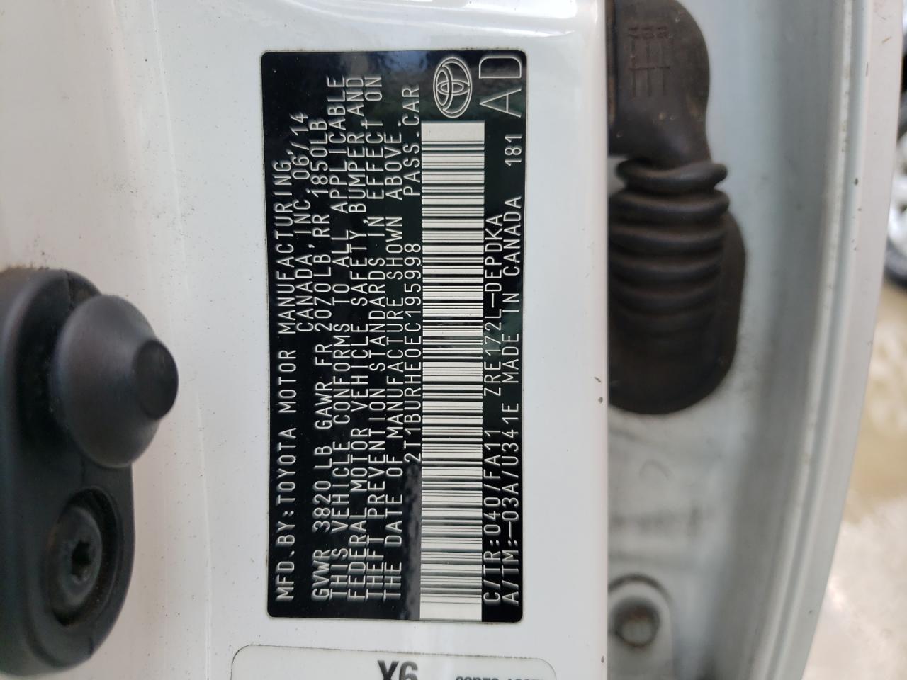 Photo 10 from auction – 2014 TOYOTA COROLLA L with VIN 2T1BURHE0EC195998