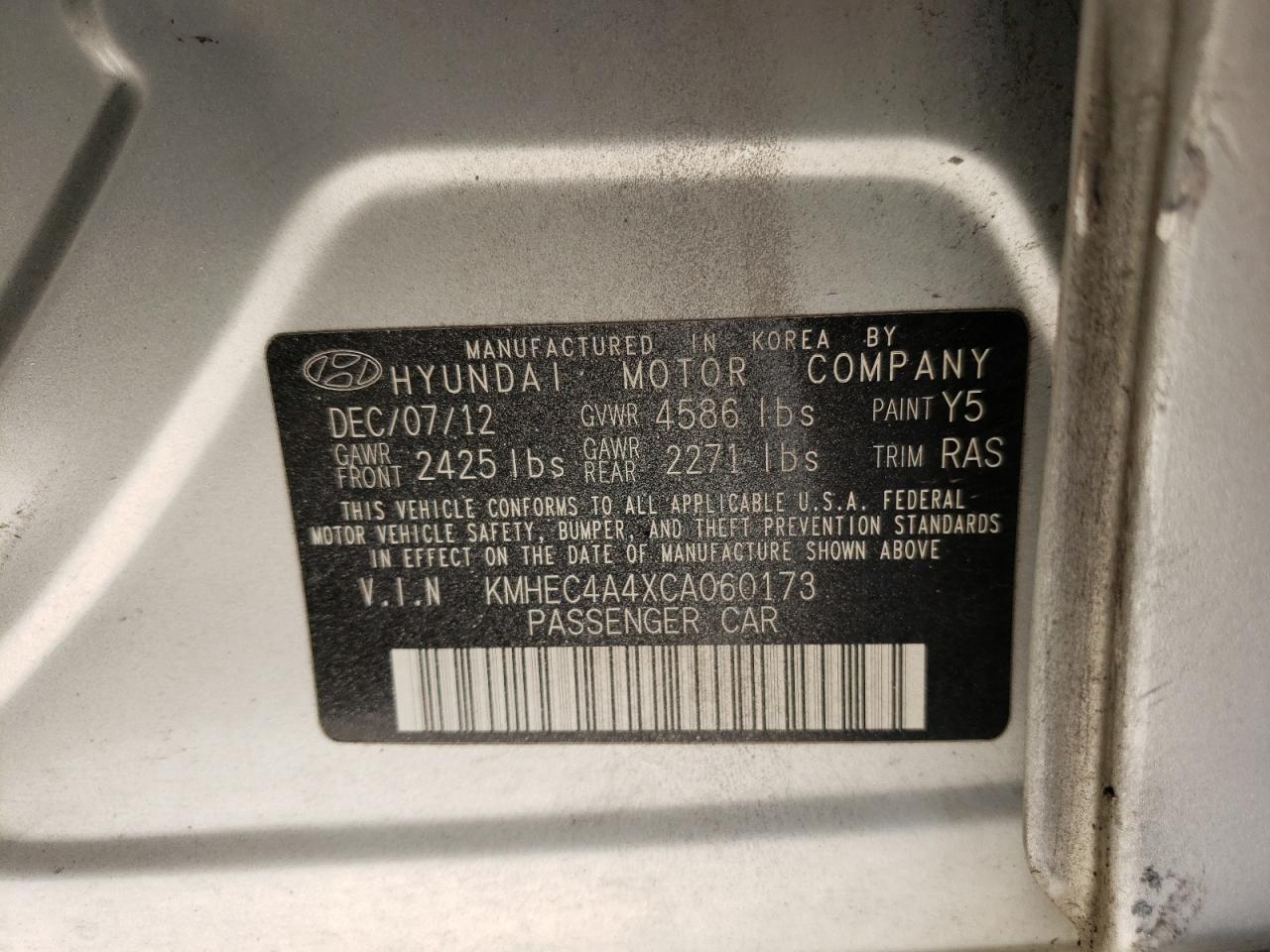Photo 10 from auction – 2012 HYUNDAI SONATA HYB with VIN KMHEC4A4XCA060173