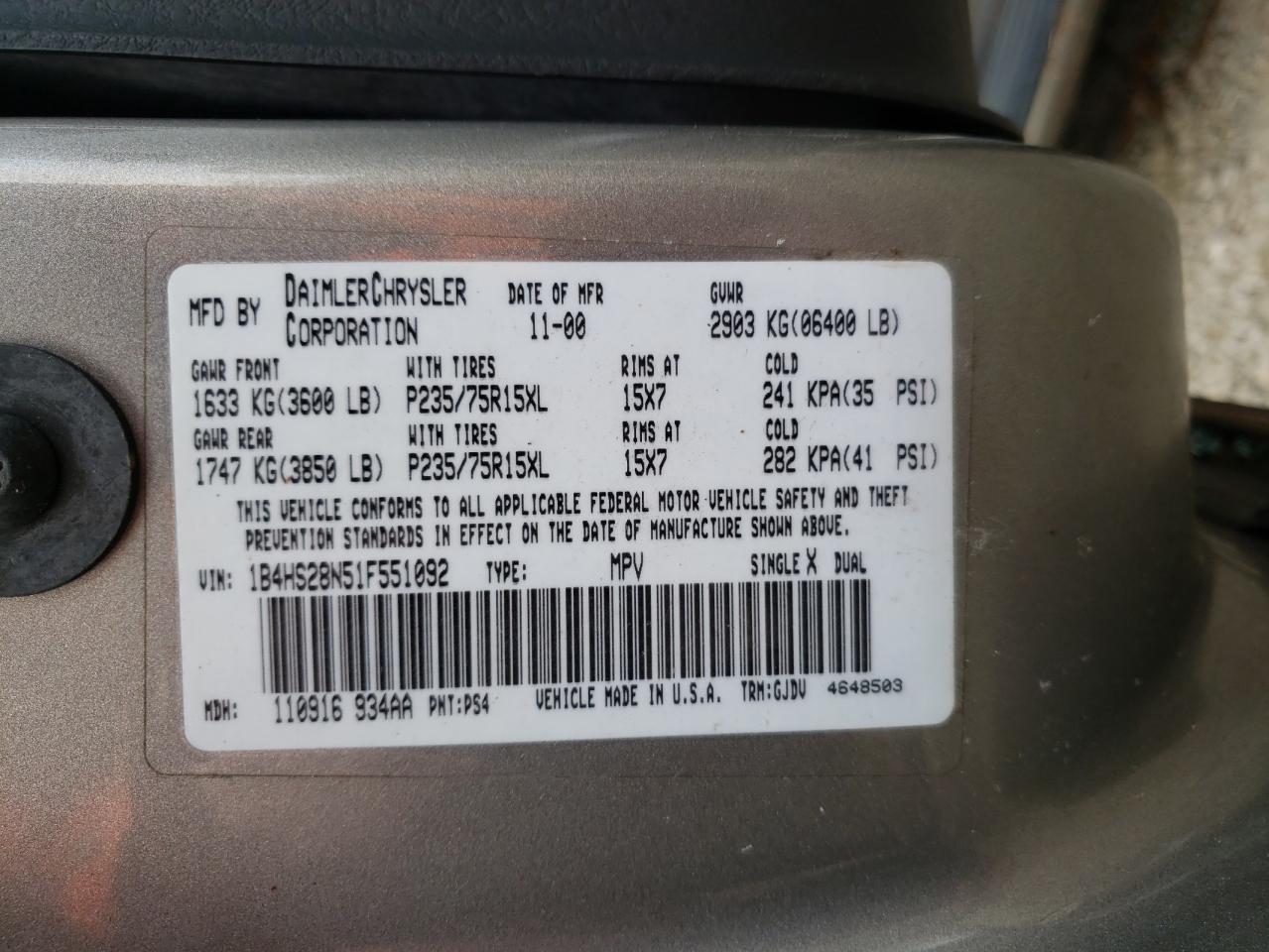 Photo 10 from auction – 2001 DODGE DURANGO with VIN 1B4HS28N51F551092
