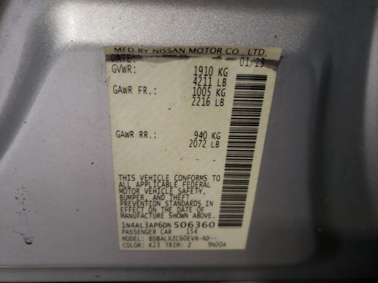 Photo 10 from auction – 2013 NISSAN ALTIMA 2.5 with VIN 1N4AL3AP6DN506360