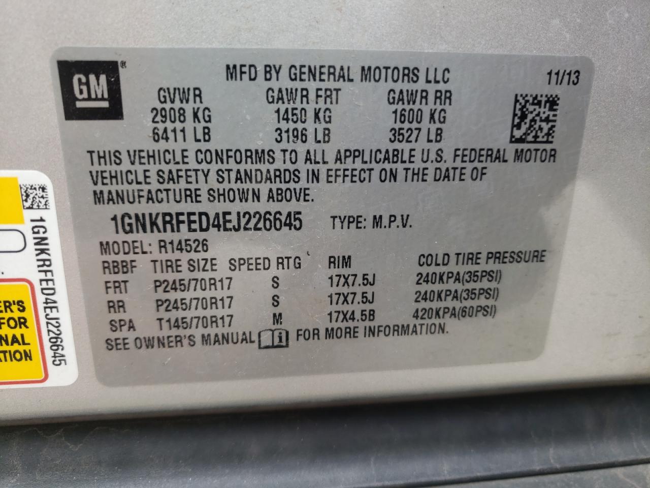 Photo 10 from auction – 2014 CHEVROLET TRAVERSE L with VIN 1GNKRFED4EJ226645