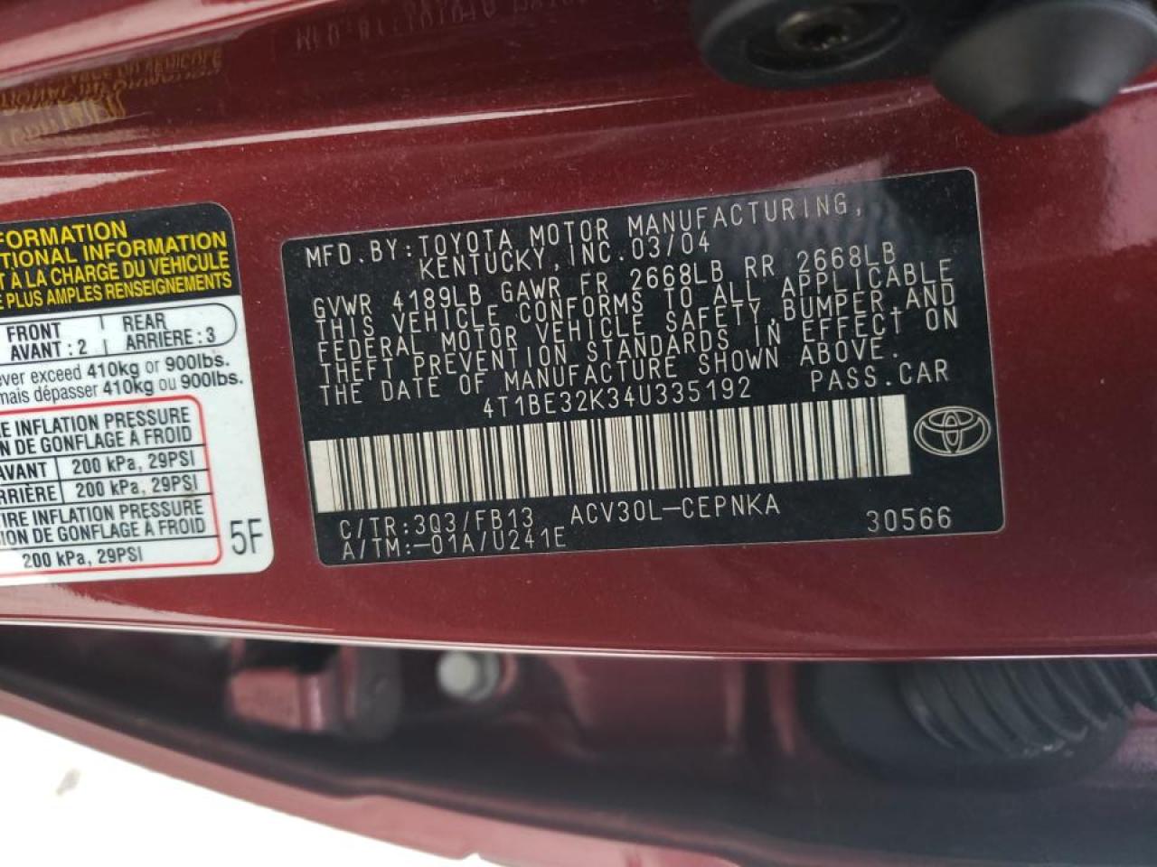Photo 10 from auction – 2004 TOYOTA CAMRY with VIN 4T1BE32K34U335192