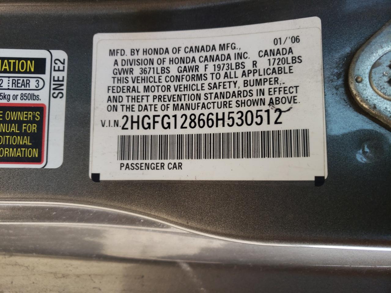 Photo 10 from auction – 2006 HONDA CIVIC EX with VIN 2HGFG12866H530512