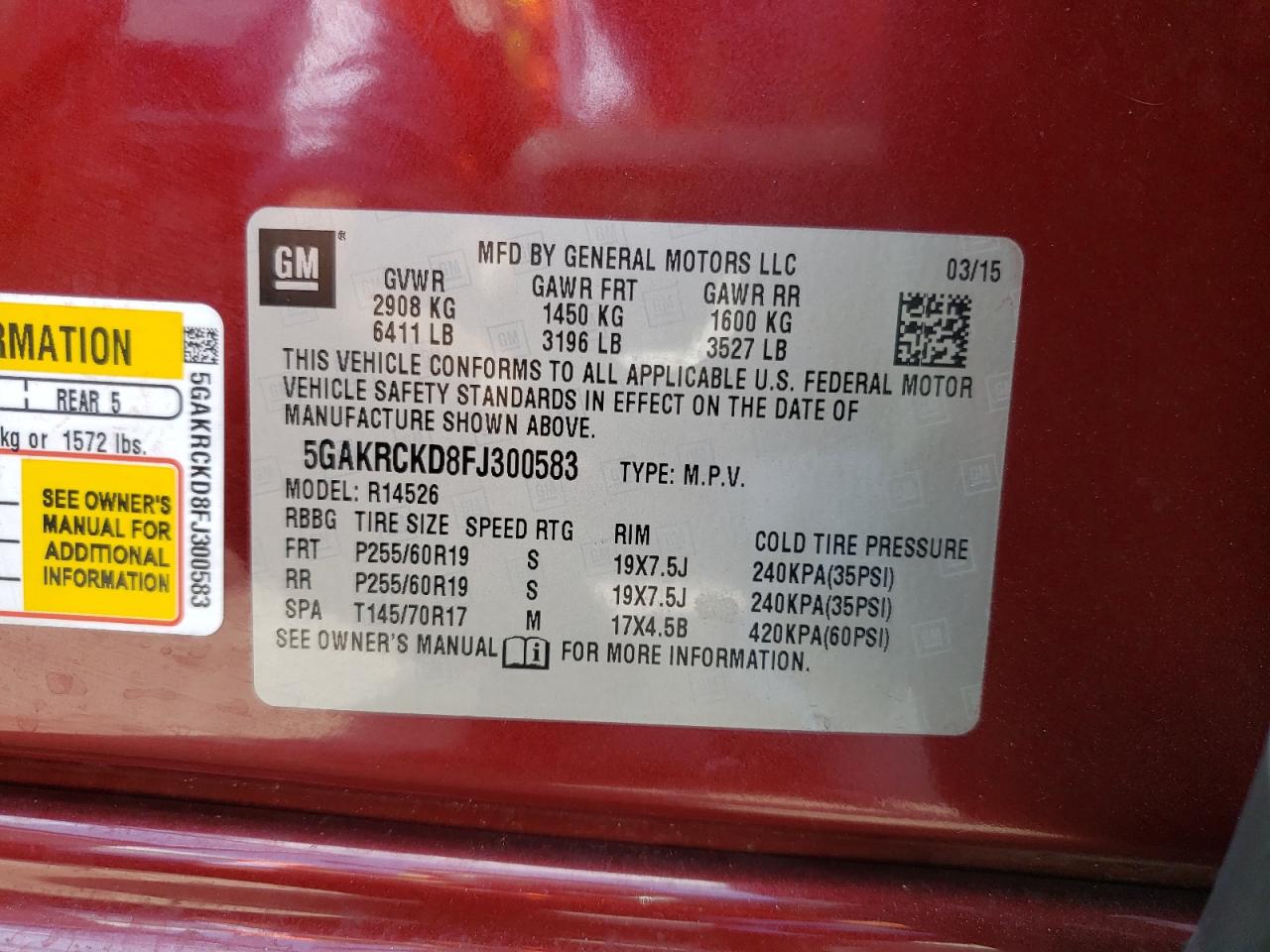 Photo 10 from auction – 2015 BUICK ENCLAVE with VIN 5GAKRCKD8FJ300583