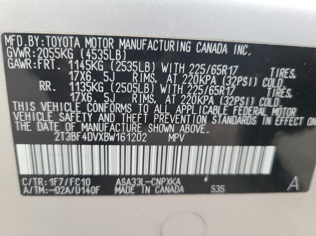 Photo 10 from auction – 2011 TOYOTA RAV4 with VIN 2T3BF4DVXBW161202