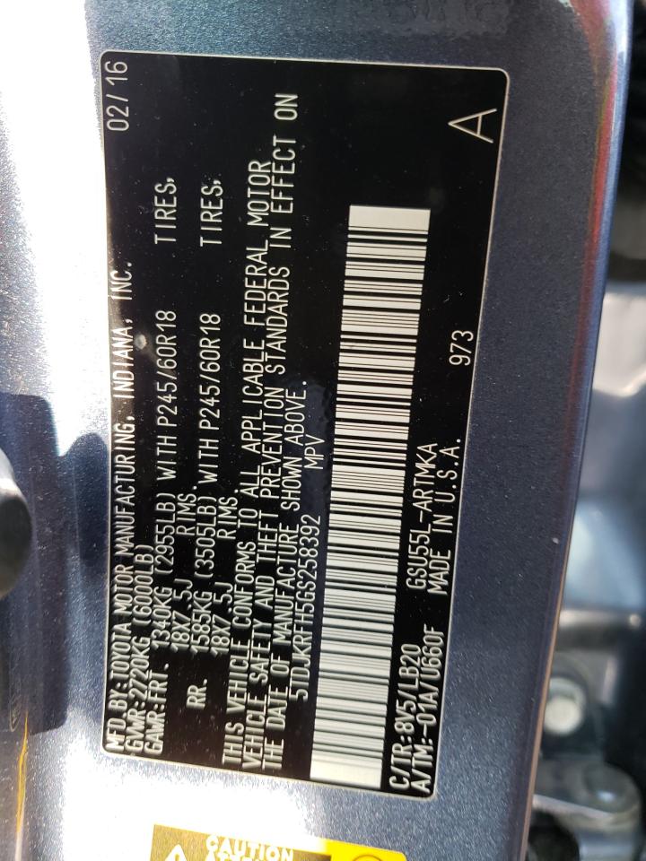 Photo 10 from auction – 2016 TOYOTA HIGHLANDER with VIN 5TDJKRFH5GS258392
