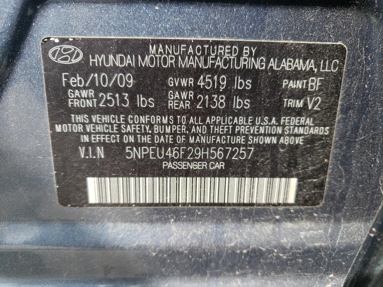 Photo 10 from auction – 2009 HYUNDAI SONATA SE with VIN 5NPEU46F29H567257
