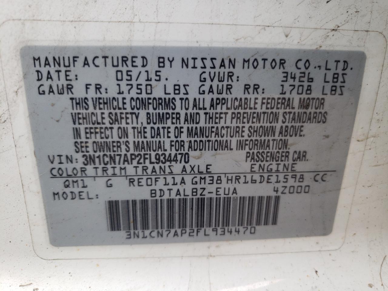 Photo 10 from auction – 2015 NISSAN VERSA S with VIN 3N1CN7AP2FL934470