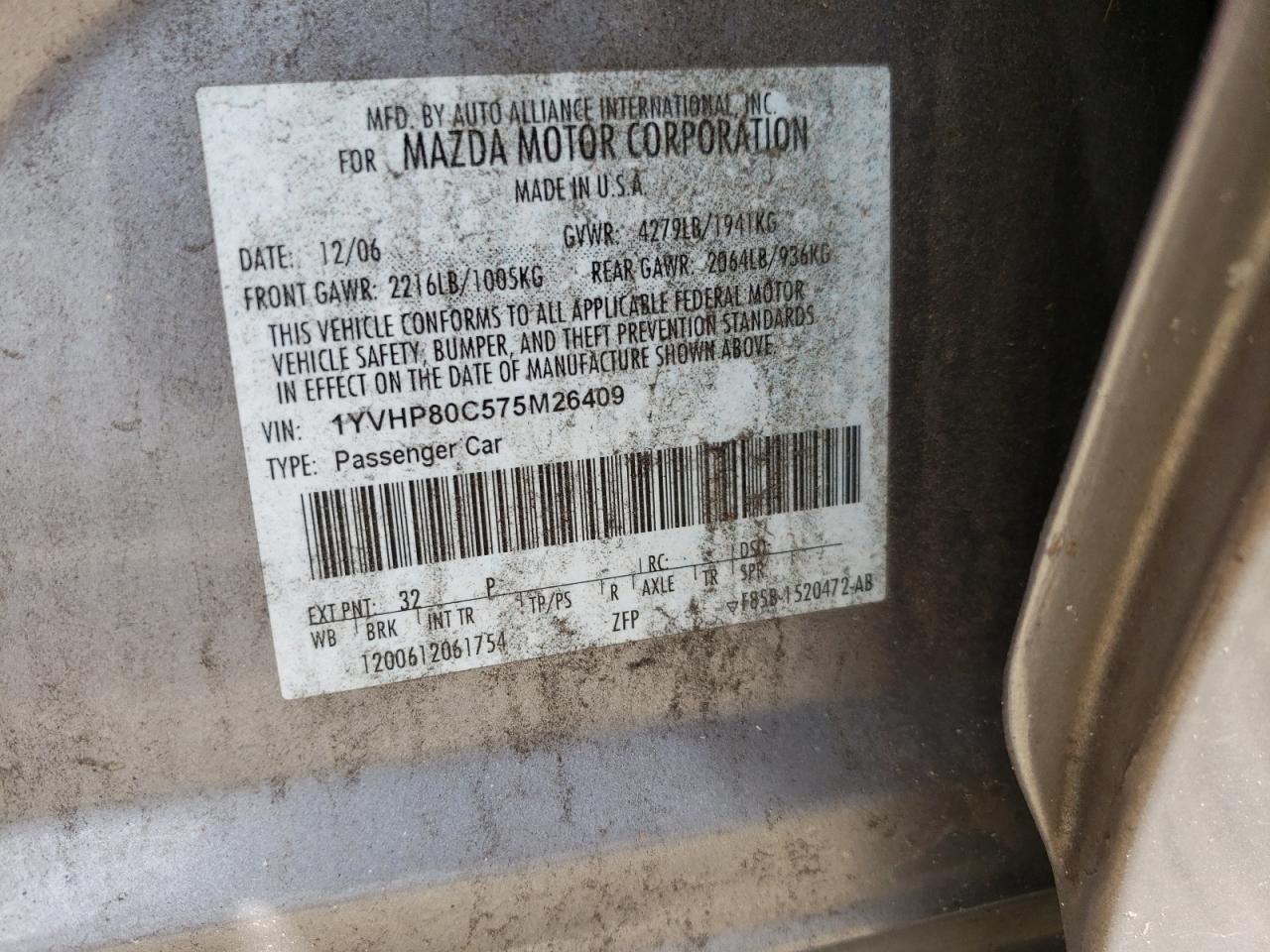Photo 10 from auction – 2007 MAZDA 6 I with VIN 1YVHP80C575M26409