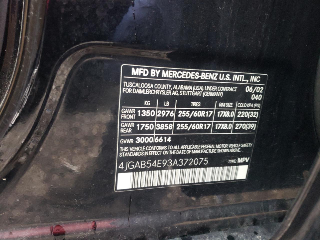 Photo 10 from auction – 2003 MERCEDES-BENZ ML 320 with VIN 4JGAB54E93A372075