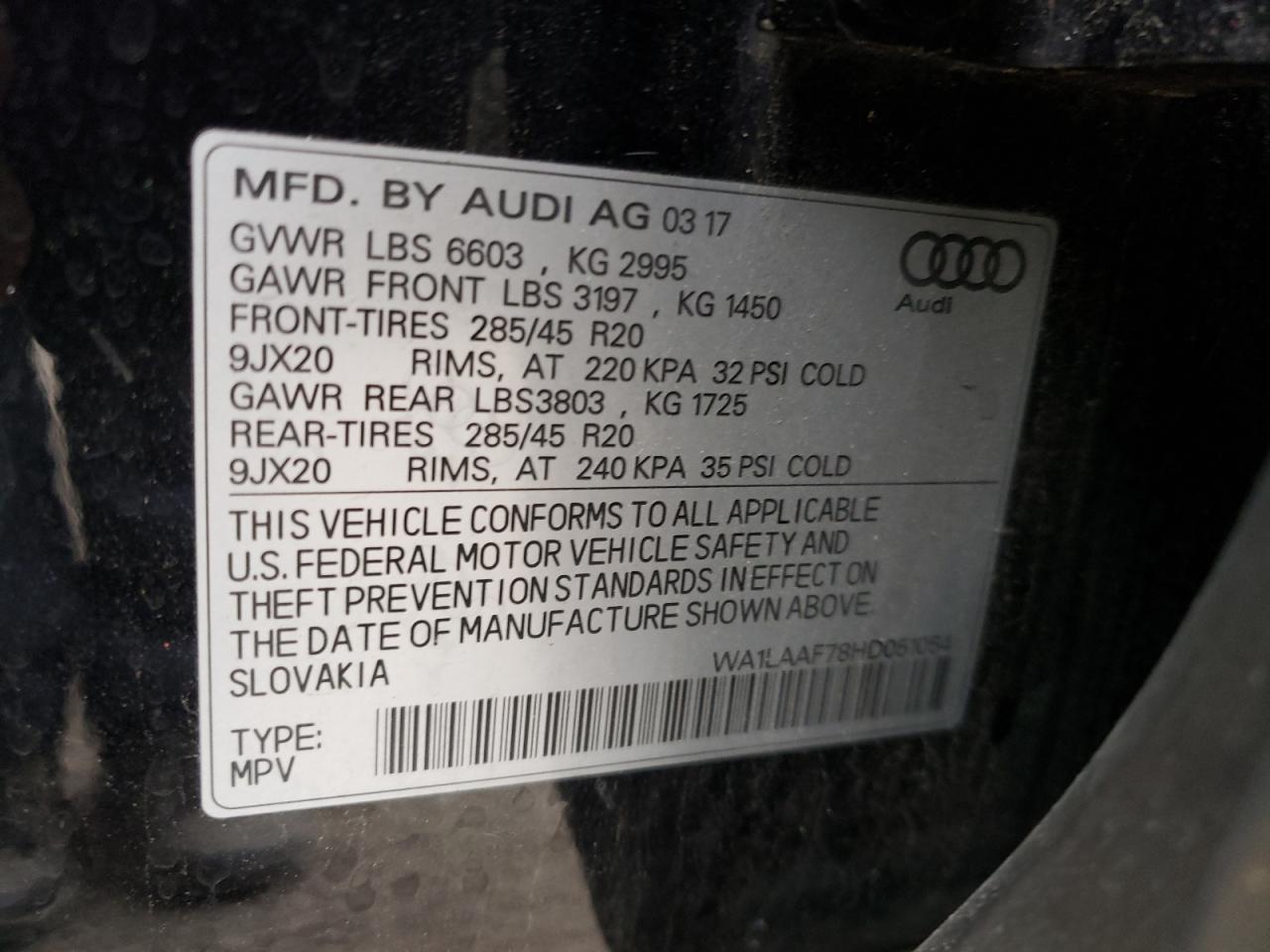 Photo 10 from auction – 2017 AUDI Q7 PREMIUM with VIN WA1LAAF78HD051054